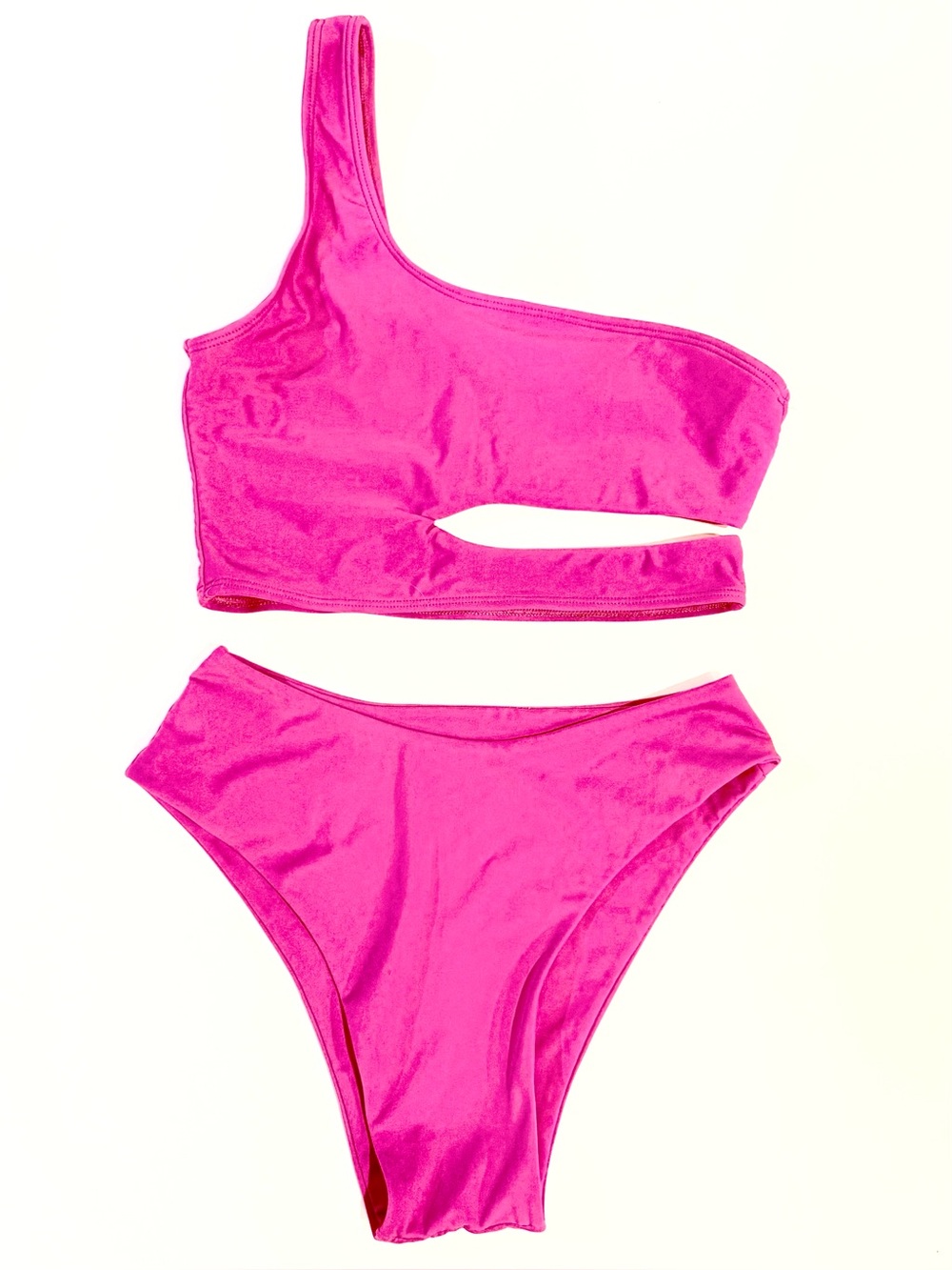 NWOT Zaful One-Shoulder Cutout High-waisted Bikini Set in Neon Hot Pink Size S